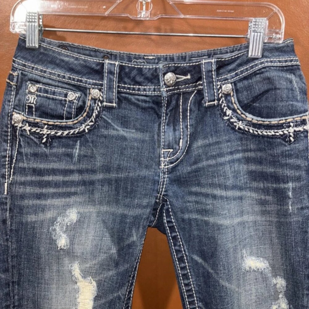 Miss Me Jeans Women's 28 Cropped Dark Blue Stretch Denim Distressed Grunge Rock